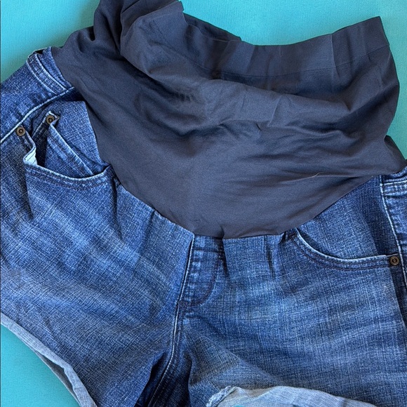 Women's Blue Denim Maternity Shorts - Picture 2 of 4